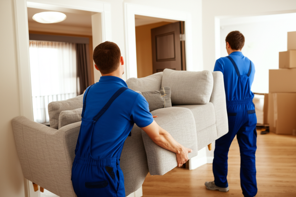 Professional movers carefully handling furniture